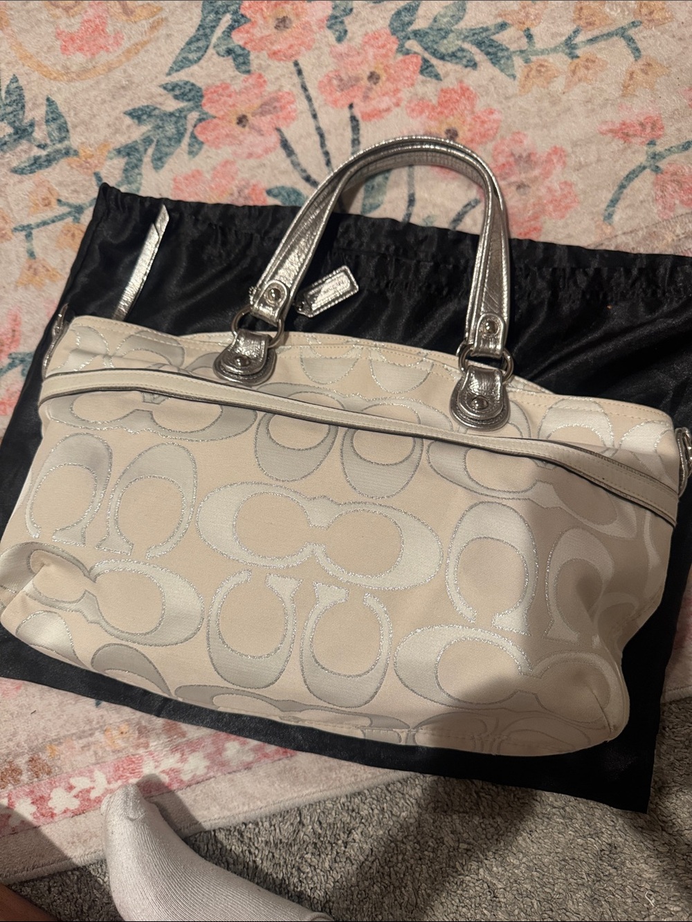 WHITE Coach Tote with Silver Metallic Handles & details